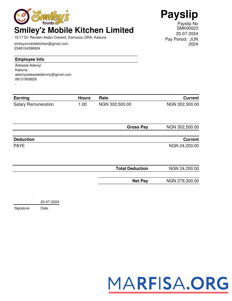 Realistic Smiley'z Mobile Kitchen payslip example